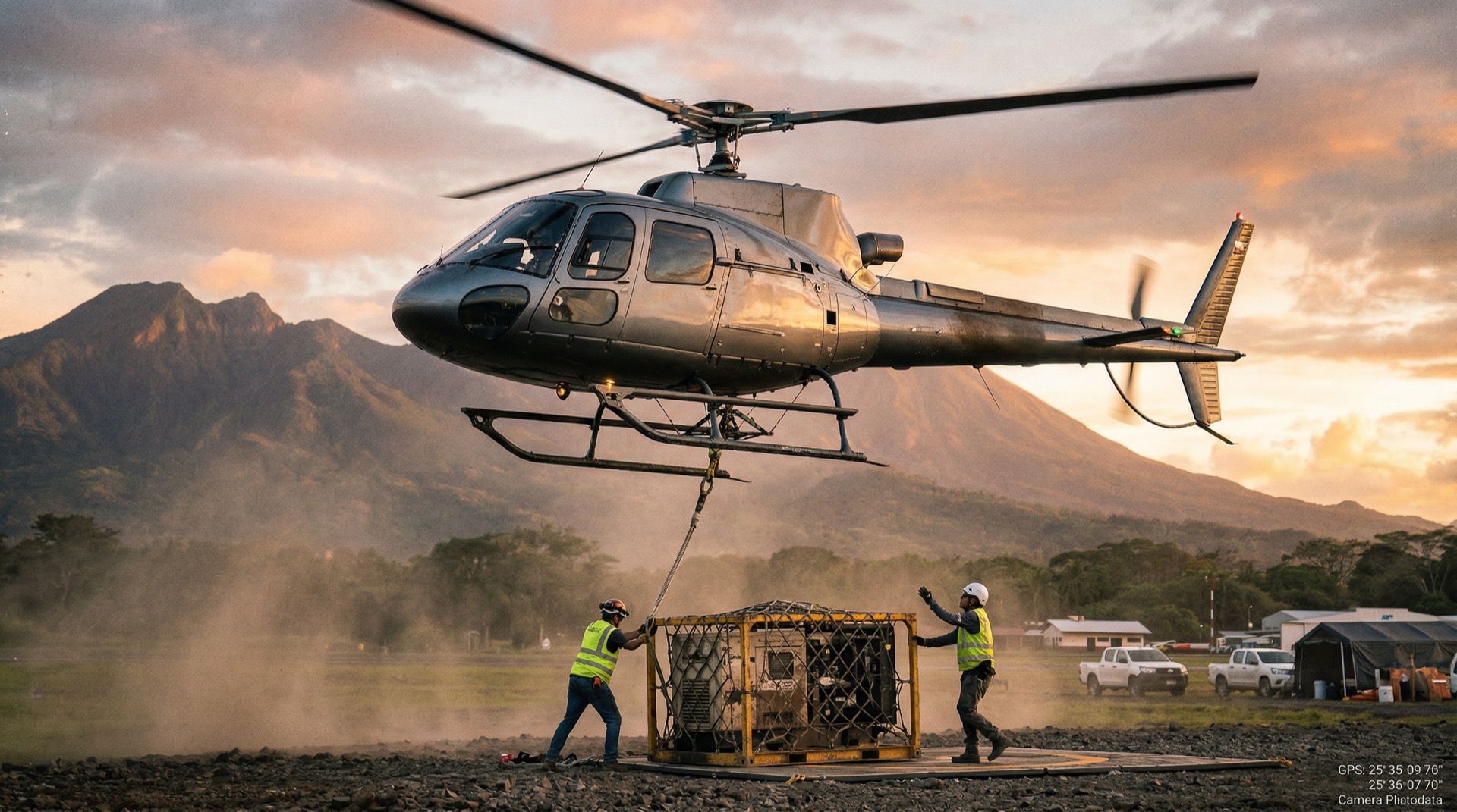 Helicopter performing aerial survey and utility operations over terrain